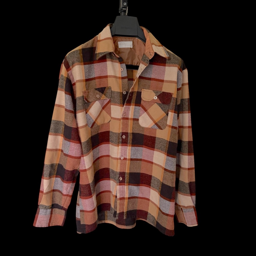 Vintage 70's Designer Collection Plaid Flannel Shirt L Brown Orange Earthy